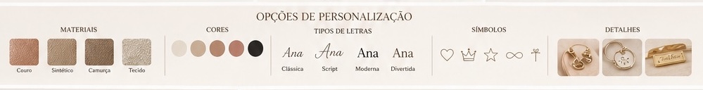 Opções de Personalização Valdara - Materiais, Cores, Tipos de Letras, Símbolos e Detalhes